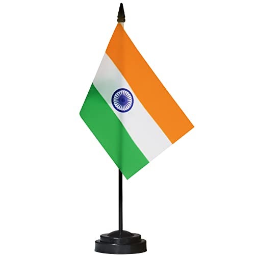 Anley India Deluxe Desk Flag Set - 6 x 4 Inch Miniature Indian Desktop Flag with 12" Solid Pole - Vivid Color and Fade Resistant - Black Base and Spear Top - Image 1
