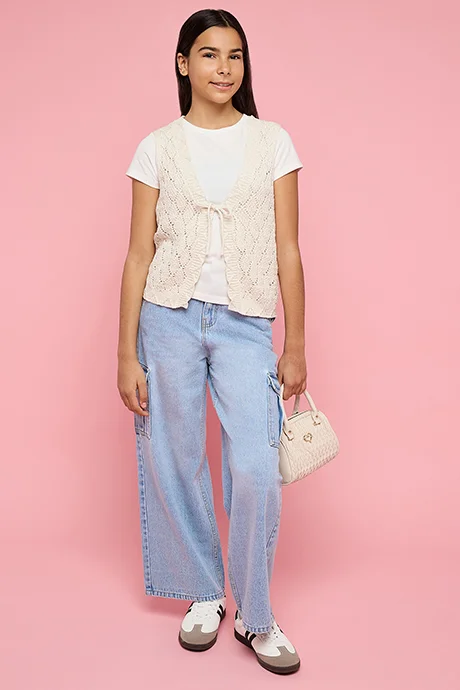 أر أند بي Washed Wide Leg Cargo Jeans with Button Closure