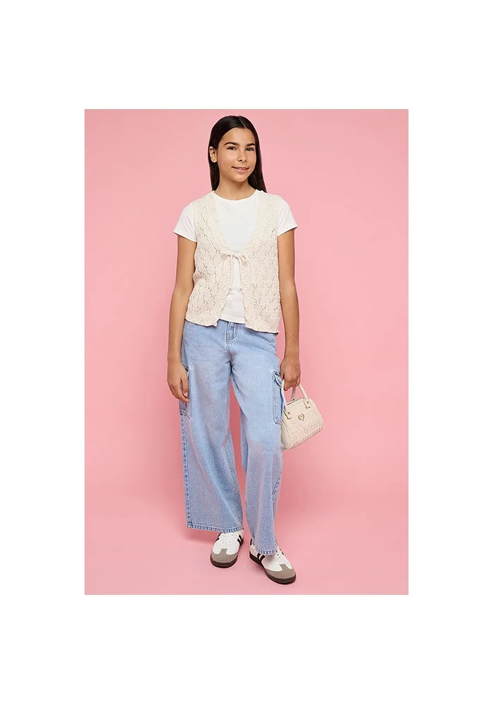 أر أند بي Washed Wide Leg Cargo Jeans with Button Closure