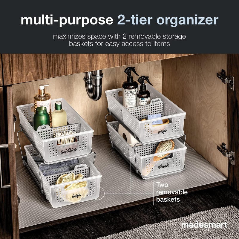 madesmart 2-Tier Organizer, Multi-Purpose Slide-Out Storage Baskets with Handles and Dividers, Frost - Image 2