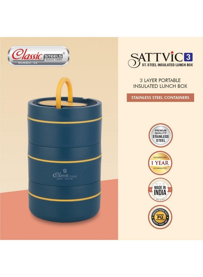 Classic Steels Sattvic Insulated Stainless Steel Lunch Box 2 Round Containers 350 ml Each & 1 Round Container 550 ml, 1 Foldable Spoon | Microwave Safe | Leak Proof Air Tight Lunch Box | Hot Lunch Box - Image 3