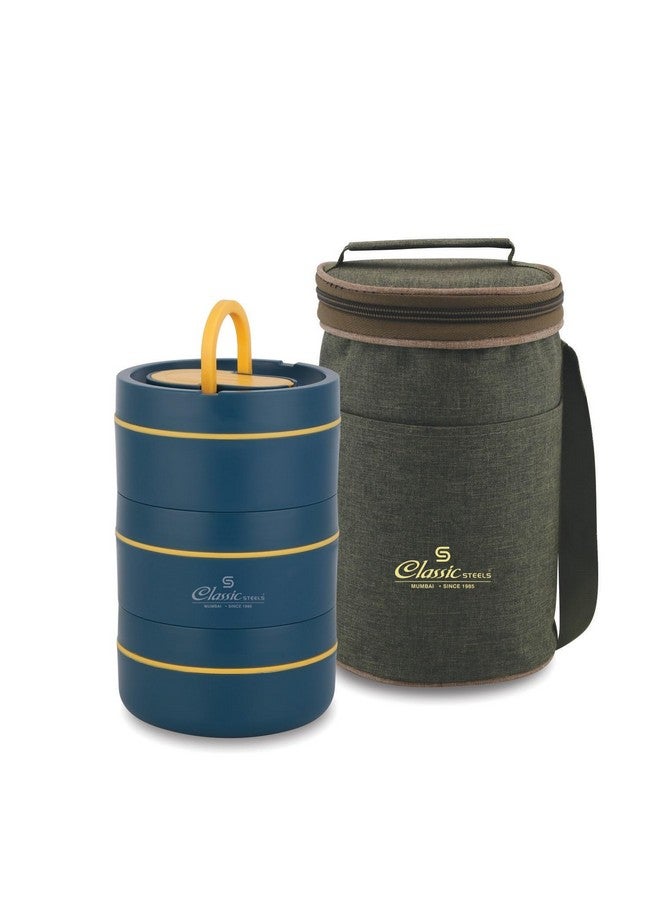 Classic Steels Sattvic Insulated Stainless Steel Lunch Box 2 Round Containers 350 ml Each & 1 Round Container 550 ml, 1 Foldable Spoon | Microwave Safe | Leak Proof Air Tight Lunch Box | Hot Lunch Box - Image 1