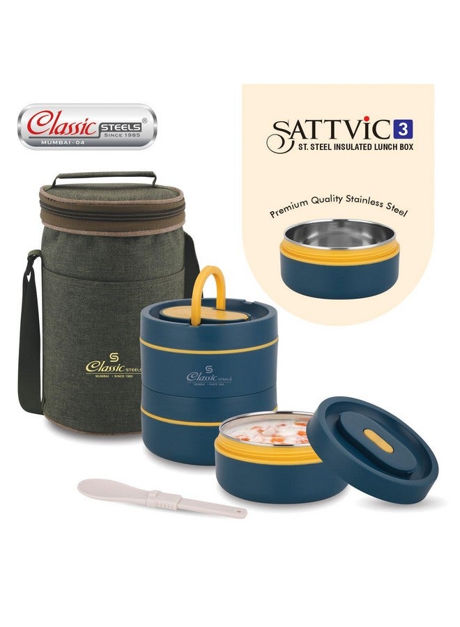 Classic Steels Sattvic Insulated Stainless Steel Lunch Box 2 Round Containers 350 ml Each & 1 Round Container 550 ml, 1 Foldable Spoon | Microwave Safe | Leak Proof Air Tight Lunch Box | Hot Lunch Box - Image 2