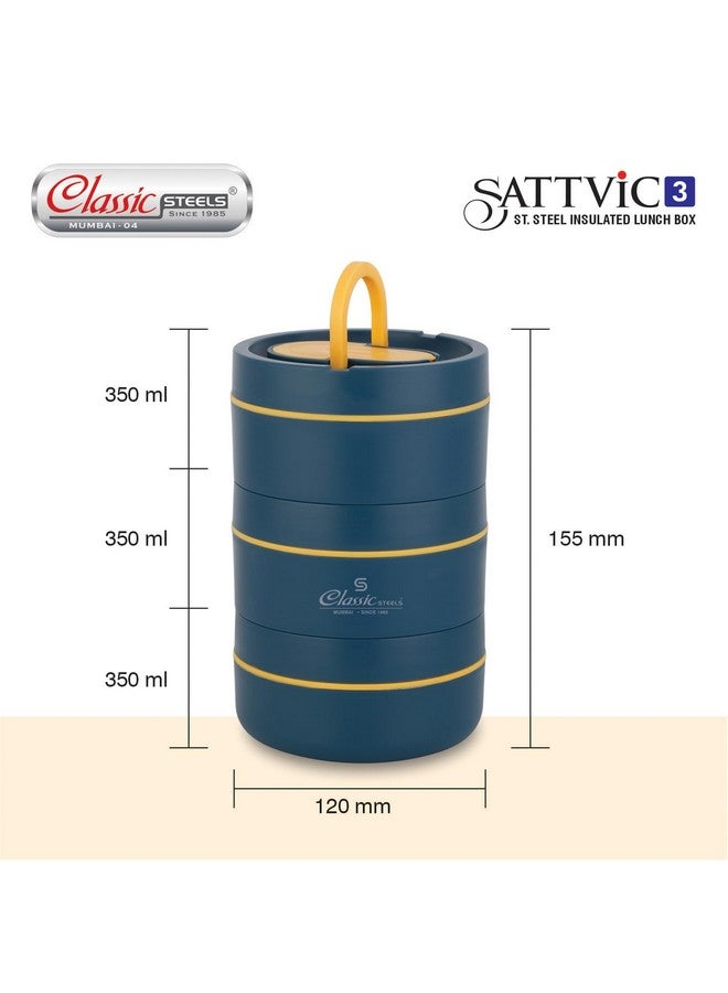 Classic Steels Sattvic Insulated Stainless Steel Lunch Box 2 Round Containers 350 ml Each & 1 Round Container 550 ml, 1 Foldable Spoon | Microwave Safe | Leak Proof Air Tight Lunch Box | Hot Lunch Box - Image 5
