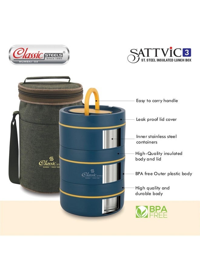 Classic Steels Sattvic Insulated Stainless Steel Lunch Box 2 Round Containers 350 ml Each & 1 Round Container 550 ml, 1 Foldable Spoon | Microwave Safe | Leak Proof Air Tight Lunch Box | Hot Lunch Box - Image 4