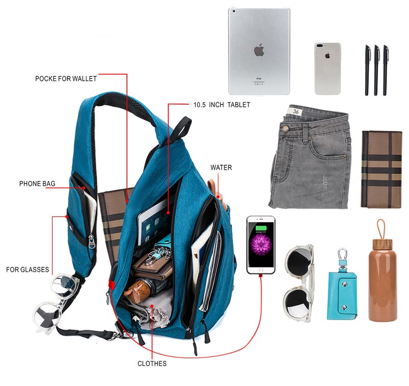 TurnWay Water-Proof Sling bag/Crossbody Backpack/Shoulder Bag with USB Charging Port for Travel, Hiking, Cycling, Camping (BLUE) - Image 2