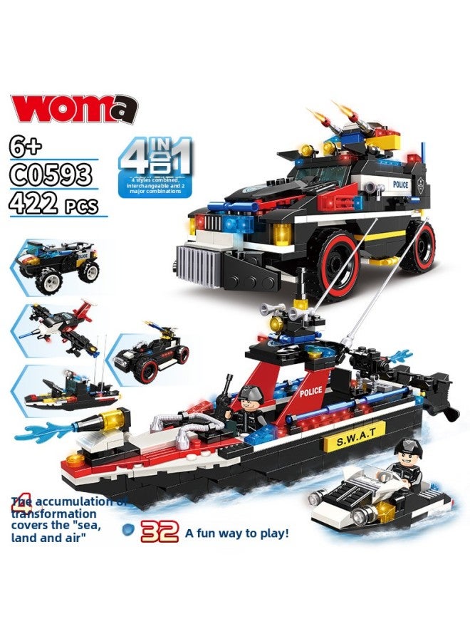 Woma Building Blocks Technology Special Police Team Series Boys Benefit Intelligence Assembled Police Car Aircraft Toys-Color:C0593 Tiger Hunting Armed Charge Vehicle 34 Change  - Image 1