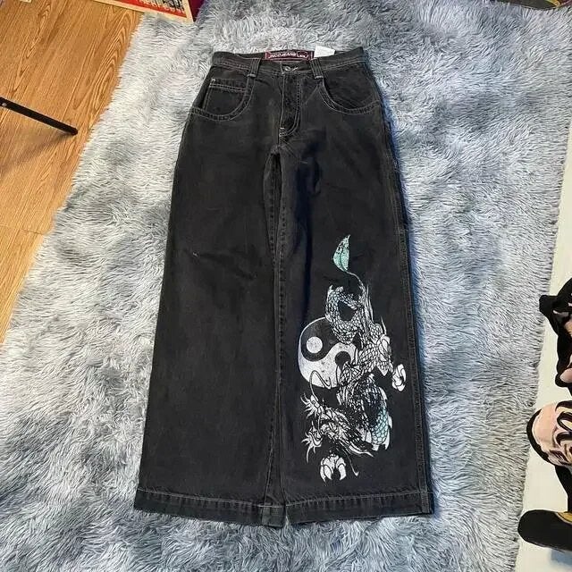 Cross-border E-commerce Loose Jeans Hip-hop Rock Print 2024 New Fashion Harajuku Loose Wide Leg Jeans Trendy Nzk106 black 