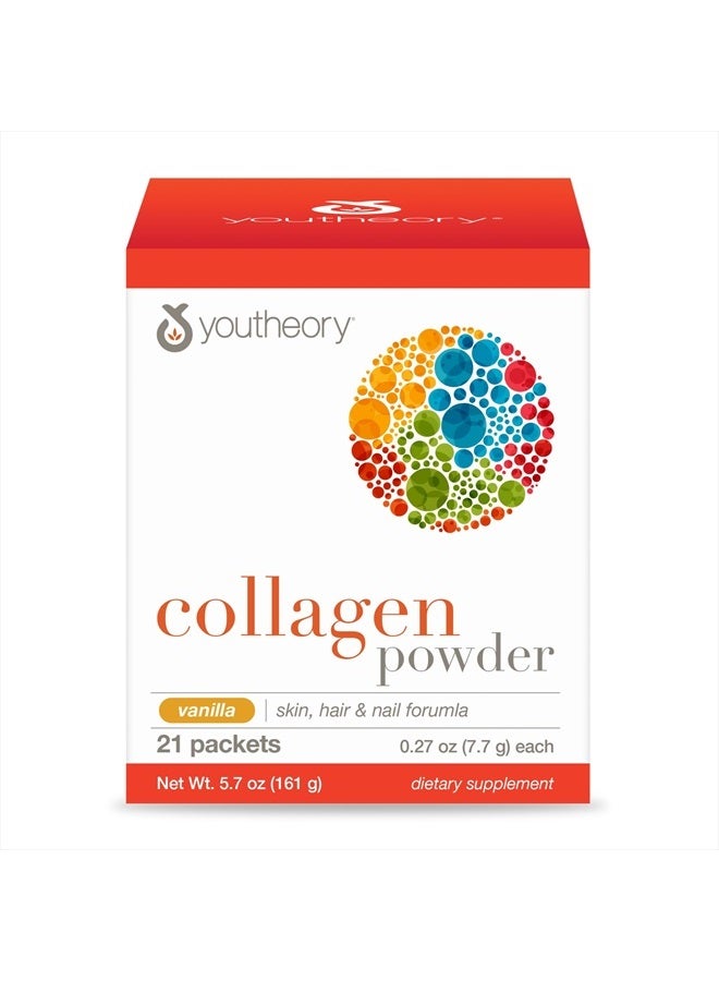 youtheory مسحوق الكولاجين - مكمل كولاجين فاخر مع فيتامين C وبيوتين - يدعم صحة الشعر والأظافر والبشرة والمفاصل* - خالي من الألبان وفول الصويا والغلوتين - فانيليا، 0.27 أونصة (21 عبوة) - Image 1