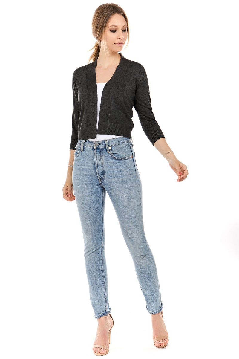 Cielo Women's Soft Solid Colored Open Front 3/4 Sleeve Cardigan Charcoal Large - Image 4