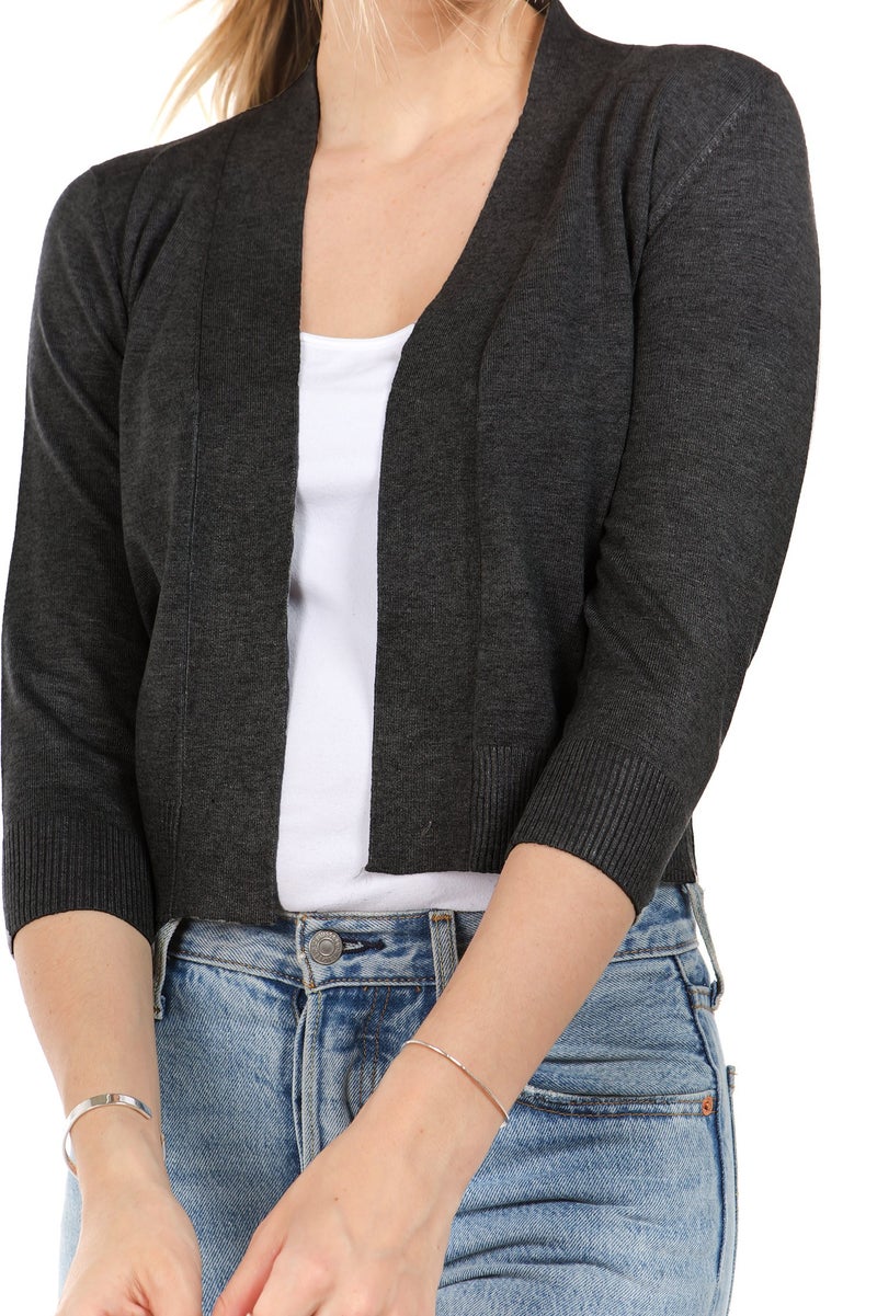 Cielo Women's Soft Solid Colored Open Front 3/4 Sleeve Cardigan Charcoal Large - Image 5