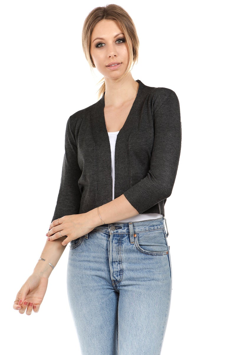 Cielo Women's Soft Solid Colored Open Front 3/4 Sleeve Cardigan Charcoal Large - Image 1