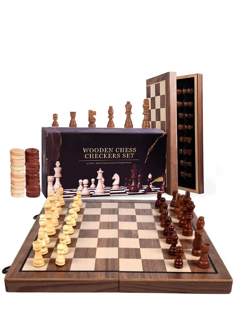xppier 2 in 1 Magnetic Wooden Chess and Checkers Board Game Set, 15" Folding Chess Boards with 2 Extra Queens, Portable Travel Chess Sets with Pieces Storage Slots, Beginner Chess Game Set for Kids, Adults - Image 1