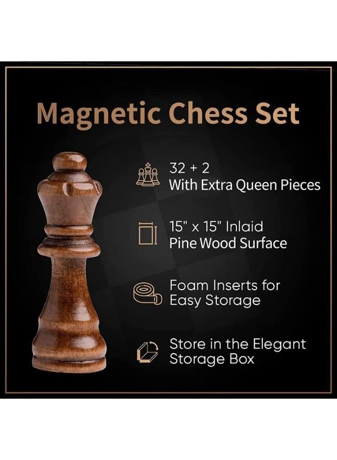 xppier 2 in 1 Magnetic Wooden Chess and Checkers Board Game Set, 15" Folding Chess Boards with 2 Extra Queens, Portable Travel Chess Sets with Pieces Storage Slots, Beginner Chess Game Set for Kids, Adults - Image 3