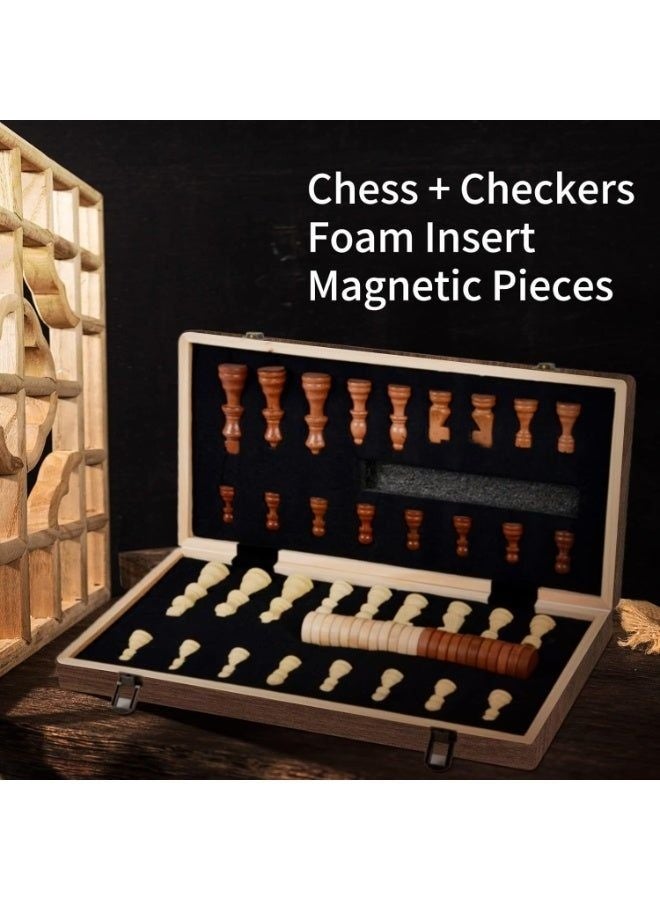 xppier 2 in 1 Magnetic Wooden Chess and Checkers Board Game Set, 15" Folding Chess Boards with 2 Extra Queens, Portable Travel Chess Sets with Pieces Storage Slots, Beginner Chess Game Set for Kids, Adults - Image 4