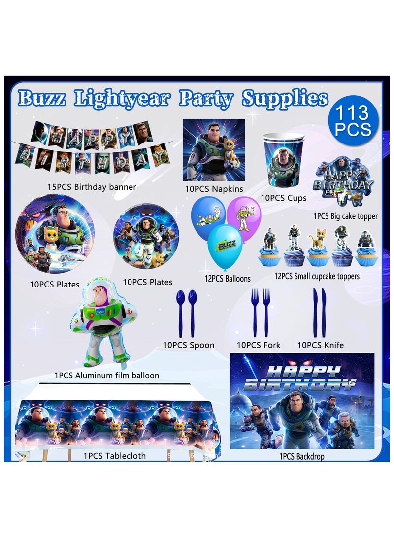 FRUITFUL PARTY Buzz Lightyear Birthday Decorations for 10 Guests, 113pcs Cartoon Toy Story Disposable Party Tableware Set Buzz Lightyear Birthday Banner Balloons Plates Napkins - Image 2