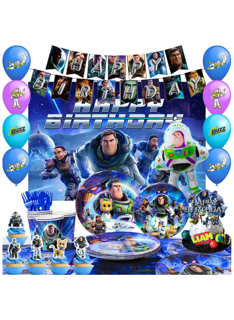 FRUITFUL PARTY Buzz Lightyear Birthday Decorations for 10 Guests, 113pcs Cartoon Toy Story Disposable Party Tableware Set Buzz Lightyear Birthday Banner Balloons Plates Napkins - Image 1