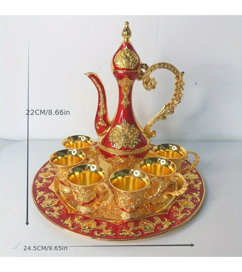 6 Piece Metal Turkish Carafe Set With Golden Pattern Tray And 6 Luxury Glasses For Serving Tea Coffee Wine And More - Image 4