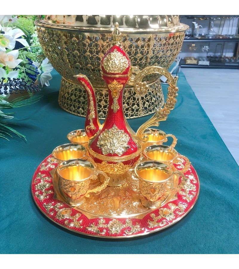 6 Piece Metal Turkish Carafe Set With Golden Pattern Tray And 6 Luxury Glasses For Serving Tea Coffee Wine And More - Image 3