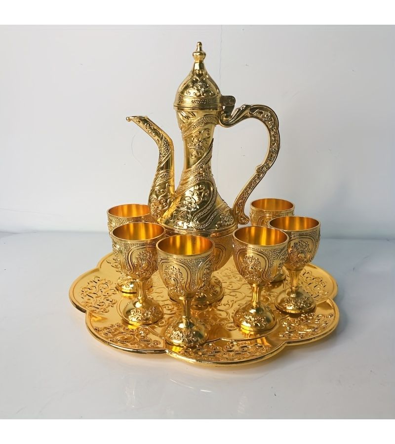 6 Piece Metal Turkish Carafe Set With Golden Pattern Tray And 6 Luxury Glasses For Serving Tea Coffee Wine And More - Image 1
