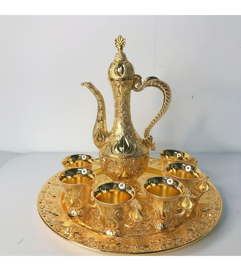 6 Piece Metal Turkish Carafe Set With Golden Pattern Tray And 6 Luxury Glasses For Serving Tea Coffee Wine And More - Image 5