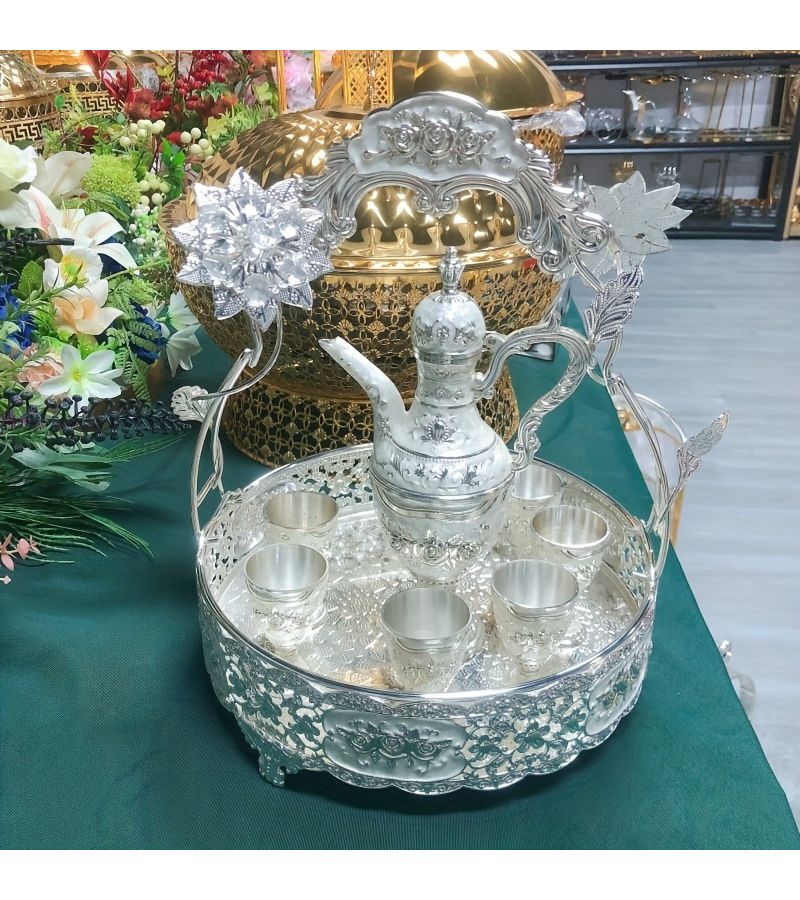 6 Piece Metal Turkish Carafe Set With Golden Pattern Tray And 6 Luxury Glasses For Serving Tea Coffee Wine And More - Image 2
