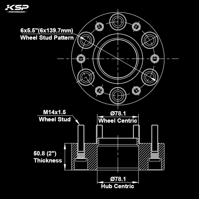 KSP PERFORMANCE KSP 6x5.5 Wheel Spacers 2 Inch for Silverado 1500 Sierra 1500, 6x139.7 M14x1.5 Studs 78.1mm Hub Bore Forged Spacer fits Yukon XL, Tahoe, Escalade Avalanche,2pcs - Image 2