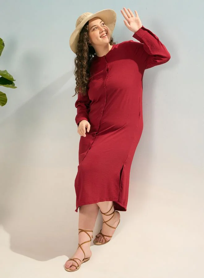 ساسافراس Sassafras Plus Maroon Shift Midi Dress with Front Button