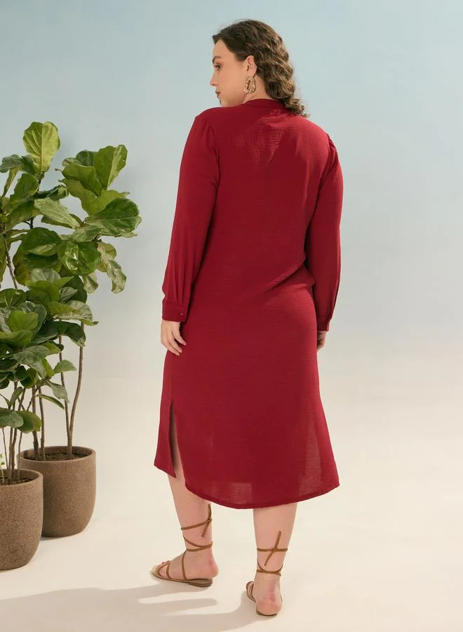 SASSAFRAS Sassafras Plus Maroon Shift Midi Dress with Front Button