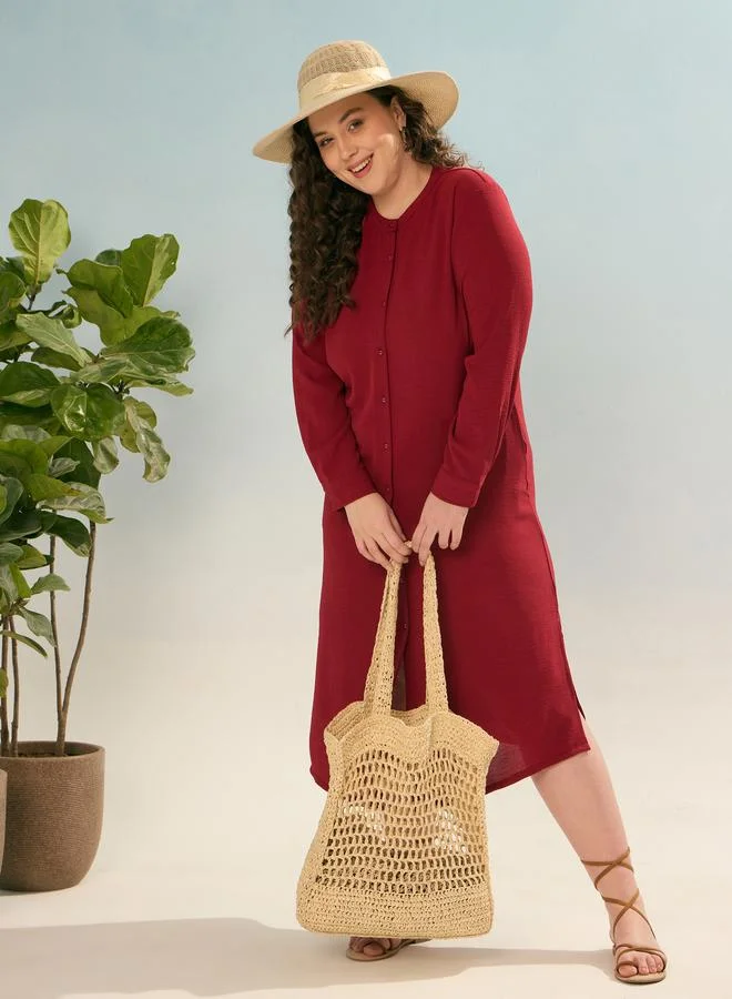 ساسافراس Sassafras Plus Maroon Shift Midi Dress with Front Button