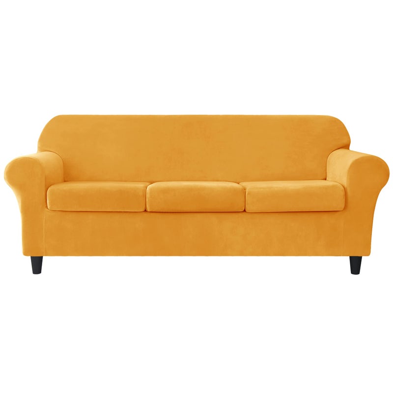 CONRUSER Stretch Sofa Slipcover Soft Velvet Sofa Covers for 3 Cushion Couch Thick Furniture Protector for Pets Kids Gold L