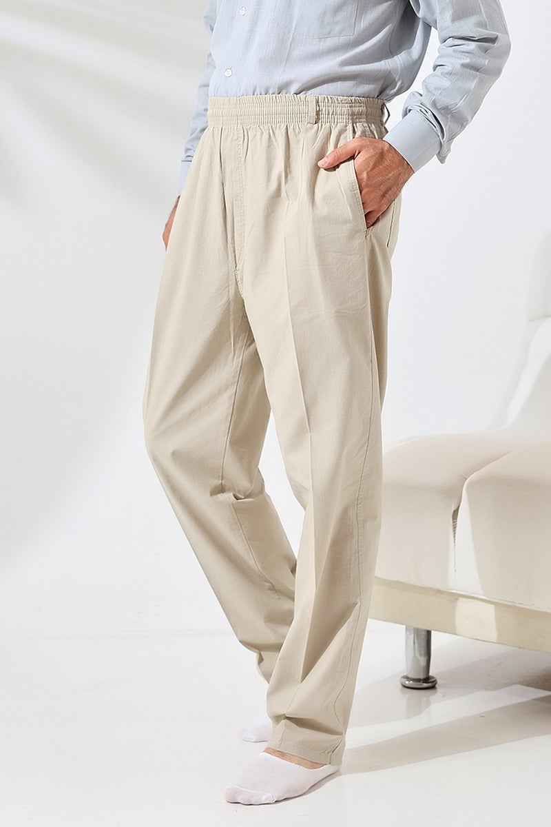 İhvan Online Ihvan Online Men's Cream Comfortable Cut Elastic Waist Linen Hajj and Umrah Shalwar Trousers  - Image 1
