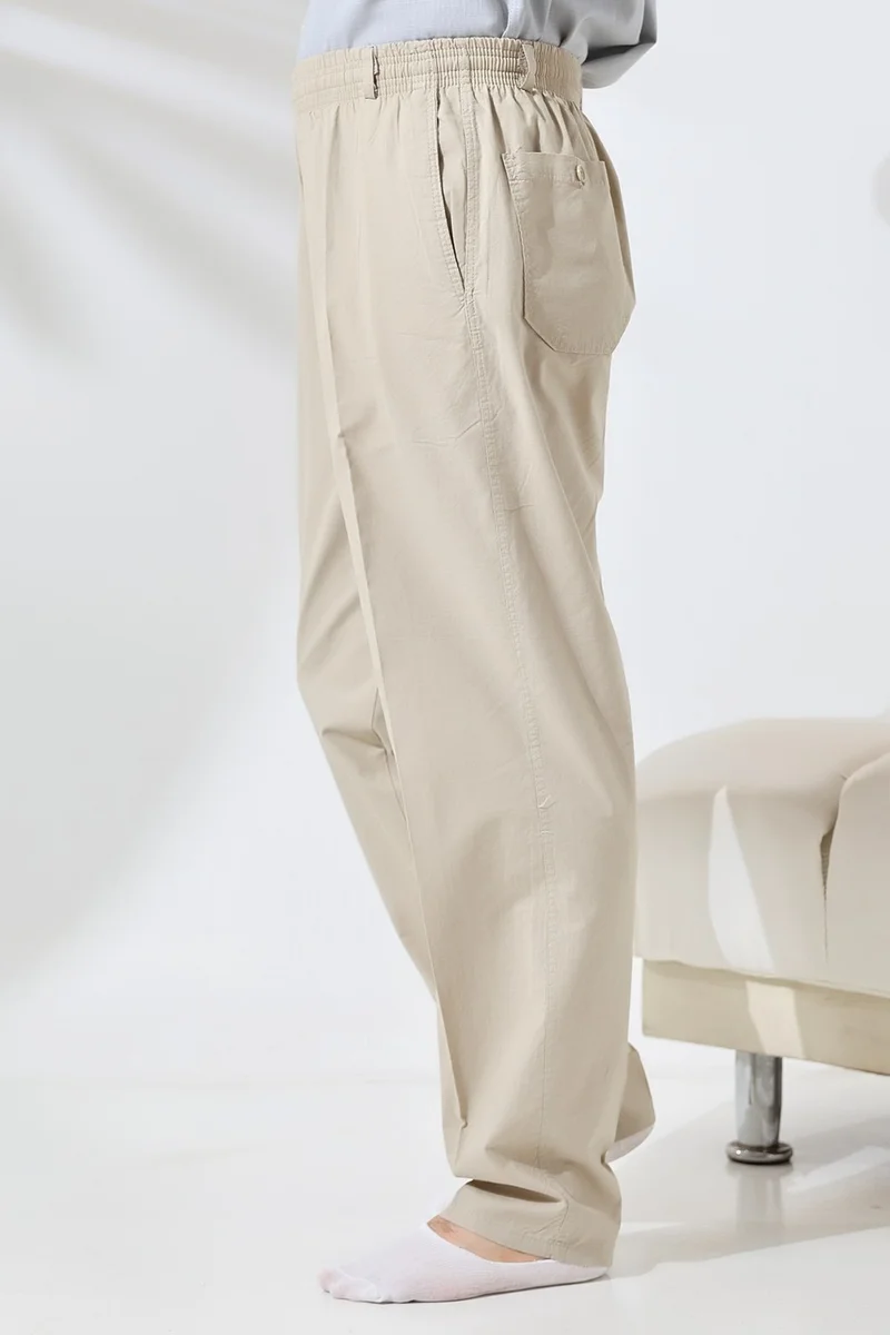 İhvan Online Ihvan Online Men's Cream Comfortable Cut Elastic Waist Linen Hajj and Umrah Shalwar Trousers