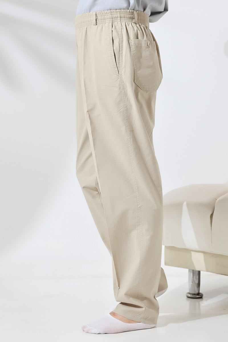 İhvan Online Ihvan Online Men's Cream Comfortable Cut Elastic Waist Linen Hajj and Umrah Shalwar Trousers  - Image 3