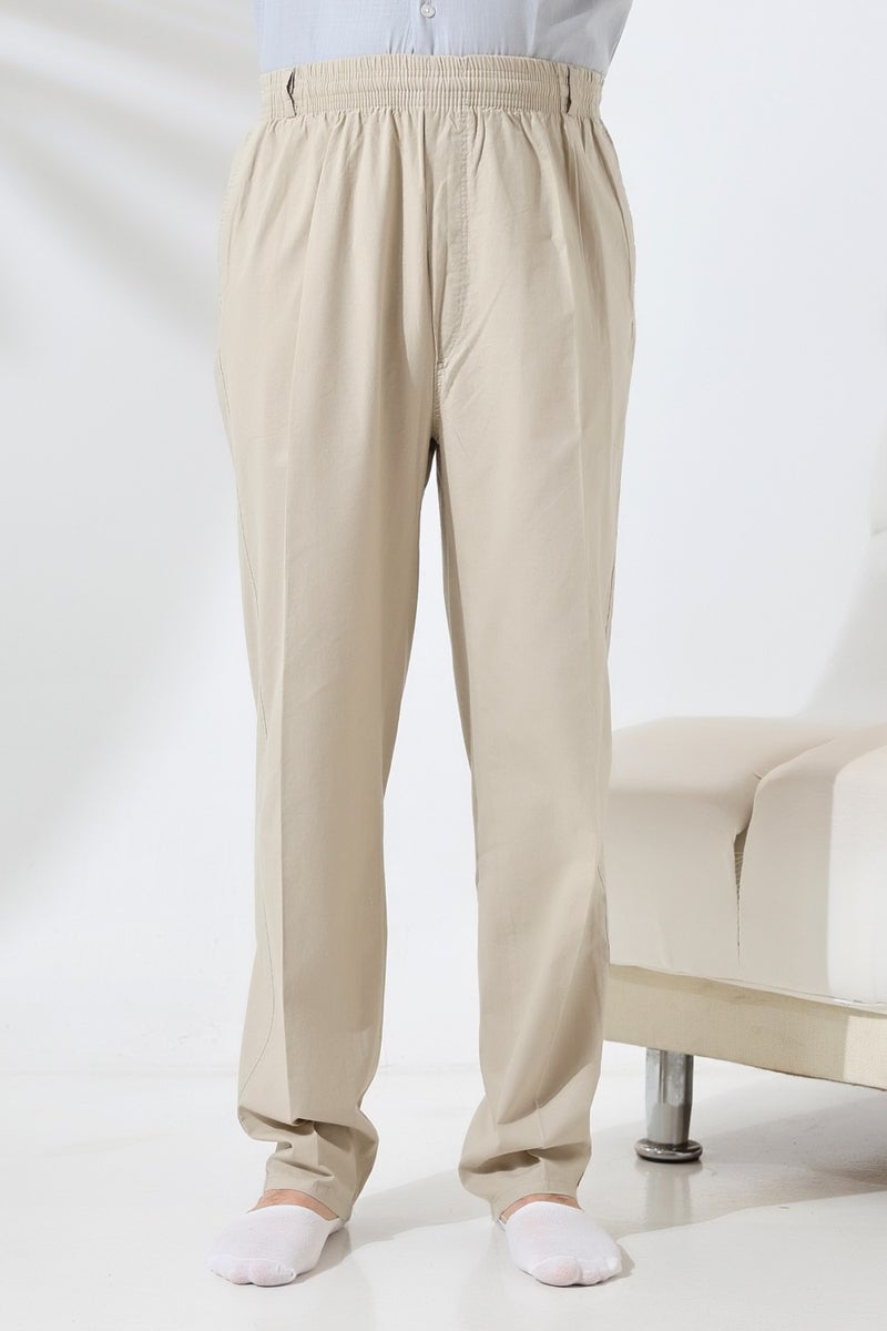 İhvan Online Ihvan Online Men's Cream Comfortable Cut Elastic Waist Linen Hajj and Umrah Shalwar Trousers  - Image 2