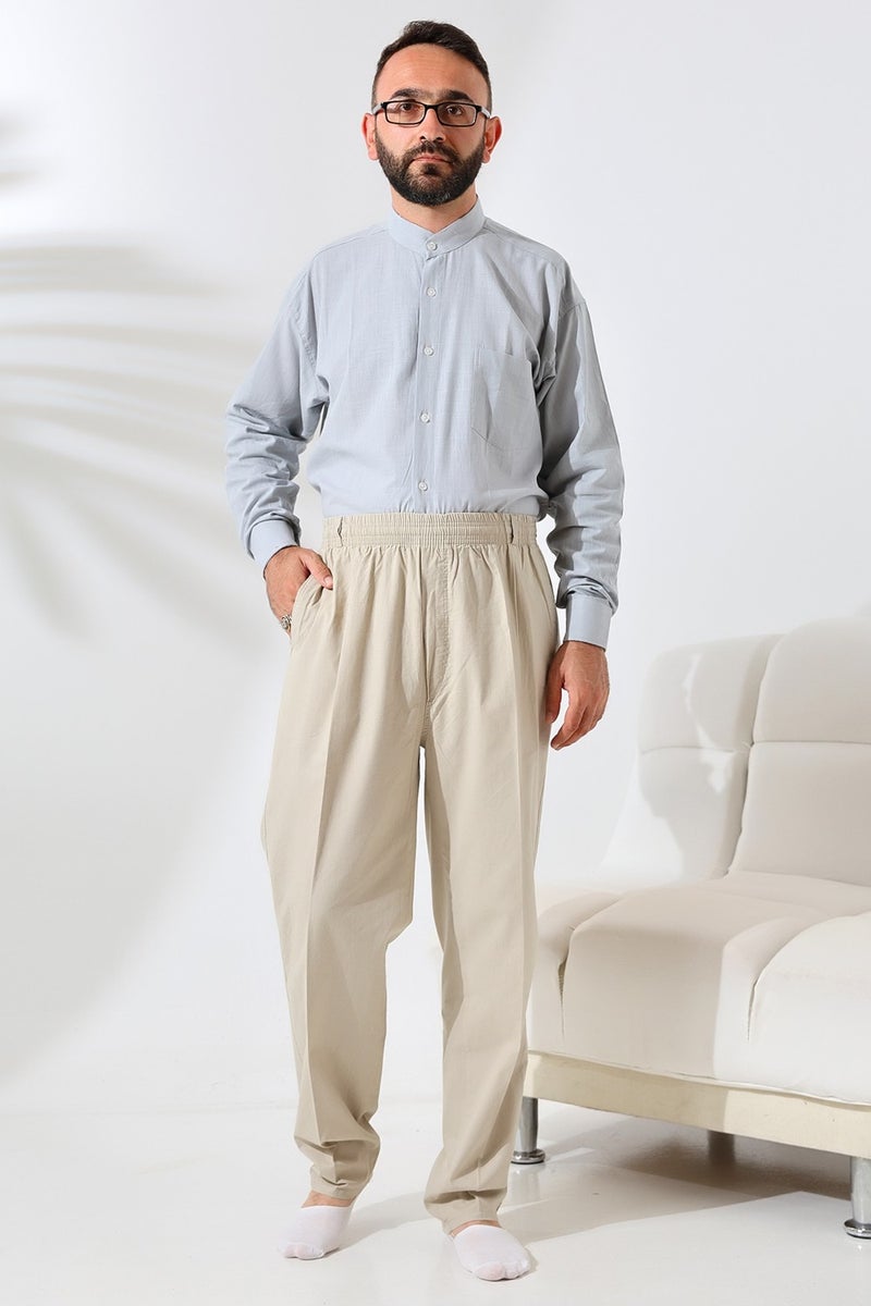 İhvan Online Ihvan Online Men's Cream Comfortable Cut Elastic Waist Linen Hajj and Umrah Shalwar Trousers  - Image 5