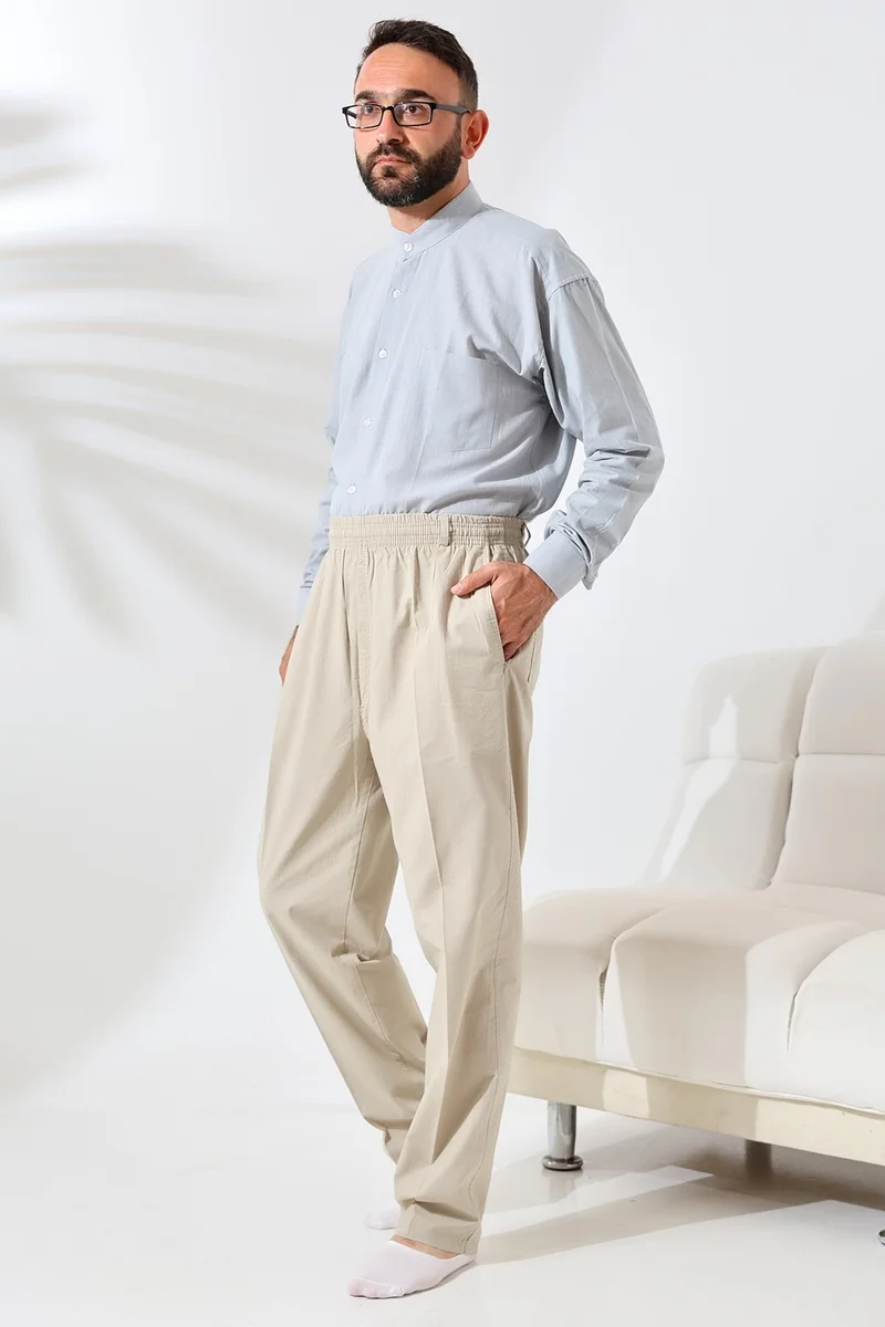 İhvan Online Ihvan Online Men's Cream Comfortable Cut Elastic Waist Linen Hajj and Umrah Shalwar Trousers