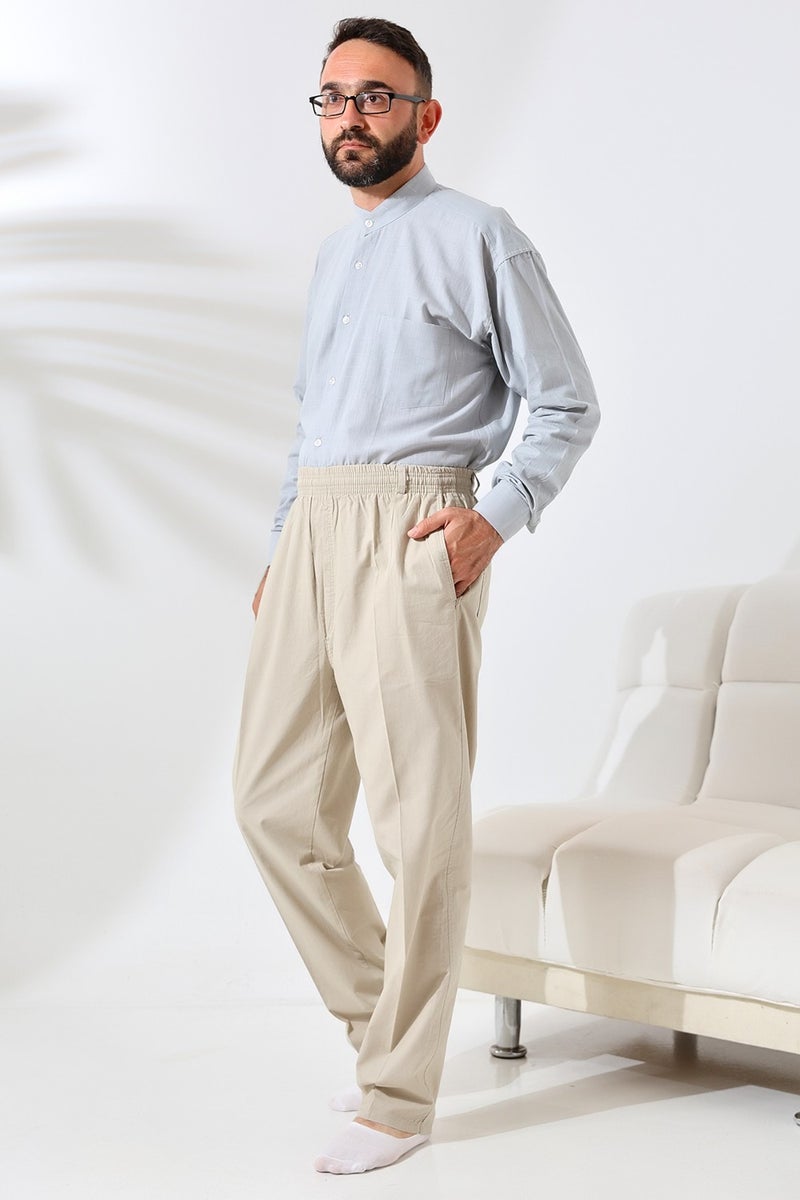 İhvan Online Ihvan Online Men's Cream Comfortable Cut Elastic Waist Linen Hajj and Umrah Shalwar Trousers  - Image 4