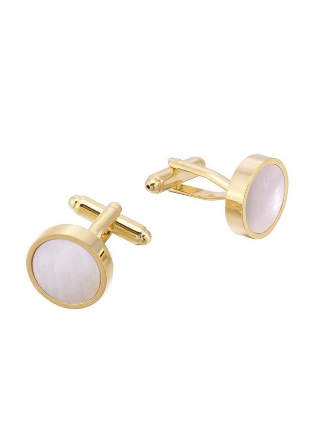 Jonwo One Pair Mother Of Pearl Men'S Cufflinks In Gift Box Round Cuff Links For Business Wedding Anniversary Dress (Golden Cufflinks) - Image 4
