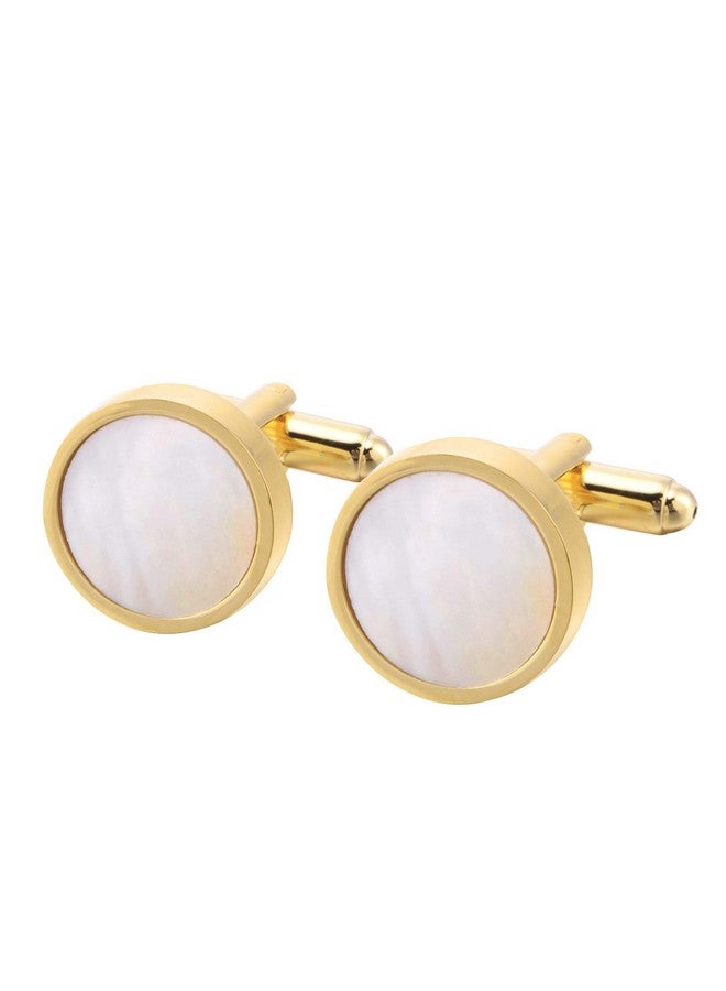 Jonwo One Pair Mother Of Pearl Men'S Cufflinks In Gift Box Round Cuff Links For Business Wedding Anniversary Dress (Golden Cufflinks) - Image 5