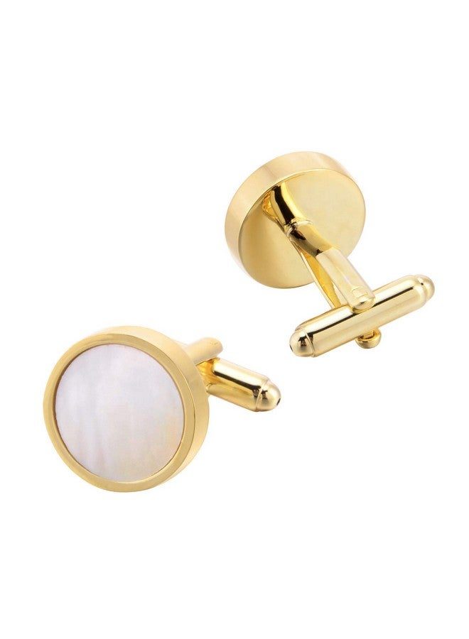 Jonwo One Pair Mother Of Pearl Men'S Cufflinks In Gift Box Round Cuff Links For Business Wedding Anniversary Dress (Golden Cufflinks) - Image 3