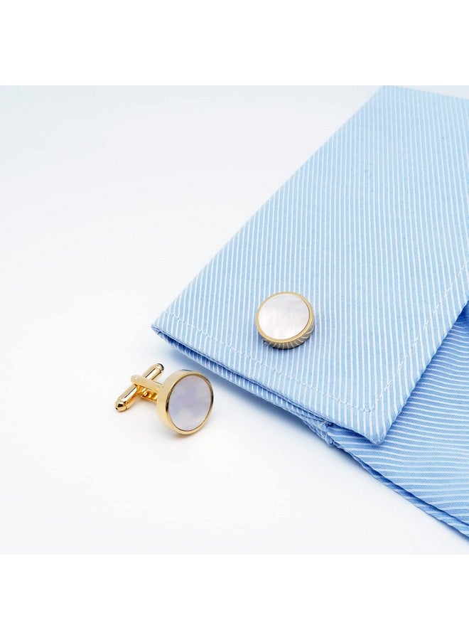 Jonwo One Pair Mother Of Pearl Men'S Cufflinks In Gift Box Round Cuff Links For Business Wedding Anniversary Dress (Golden Cufflinks) - Image 2