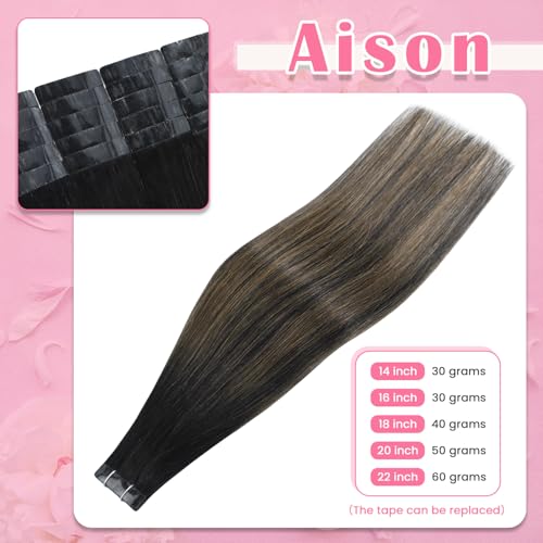 Aison Tape in Hair Extensions 1BT6P1B Natural Black to Chestnut Brown 100 Remy Human Hair Extensions Silky Straight for Fashion Women 20 PcsPackage22Inch 1BT6P1B 60g - Image 3