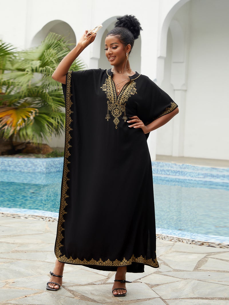 2023 New Arrival Cotton Loose Large Size Holiday Beach Blouse Stand Collar Dress Bikini Blouse Swimwear(Black Embroidery, All yards) - Image 1