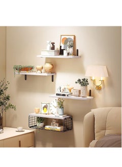 XiuWoo 4 Pack Wood Wall Mounted Floating Shelves, Hanging Shelf Storage Rack, Home Display Rack, Plant Shelf, Home Storage Rack with Wire Storage Basket for Home, Office  - Image 3