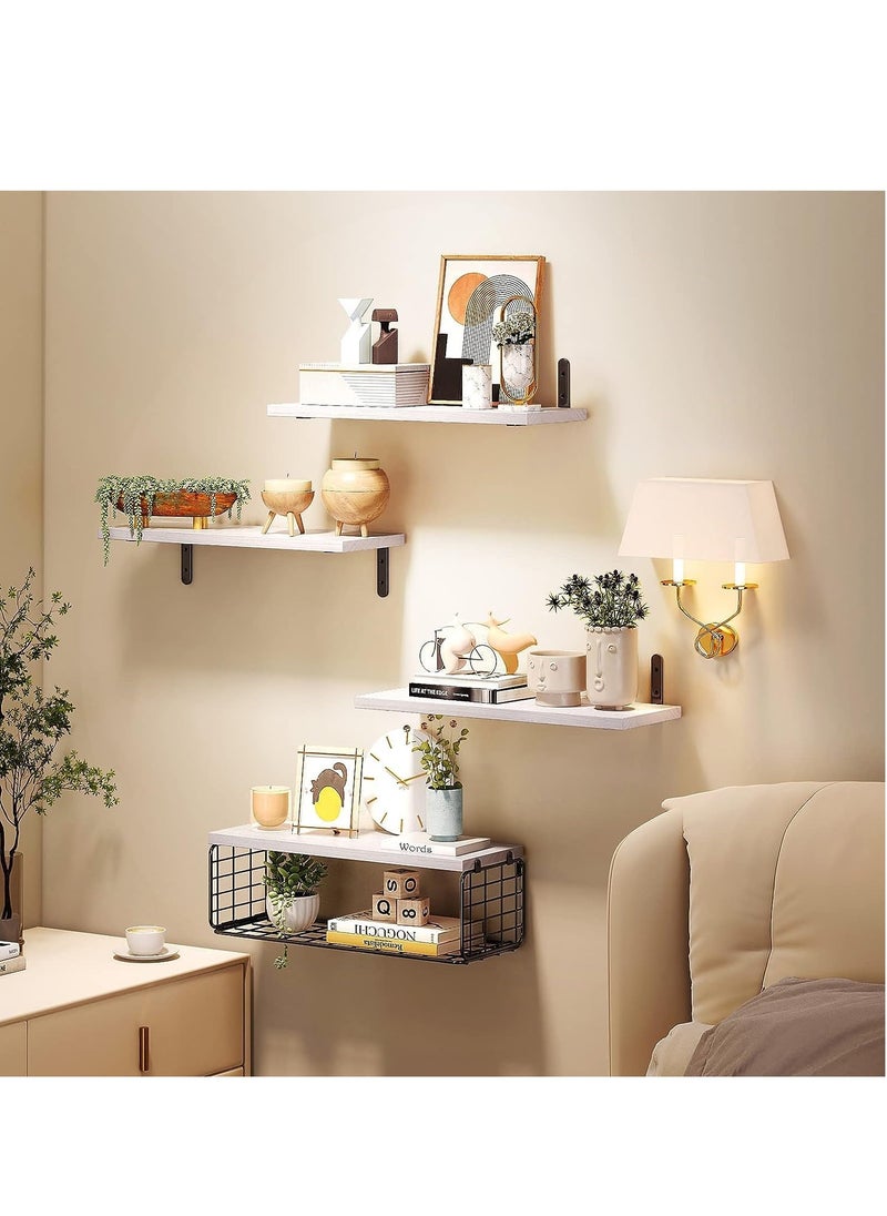 XiuWoo 4 Pack Wood Wall Mounted Floating Shelves, Hanging Shelf Storage Rack, Home Display Rack, Plant Shelf, Home Storage Rack with Wire Storage Basket for Home, Office  - Image 3