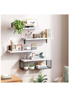XiuWoo 4 Pack Wood Wall Mounted Floating Shelves, Hanging Shelf Storage Rack, Home Display Rack, Plant Shelf, Home Storage Rack with Wire Storage Basket for Home, Office  - Image 2