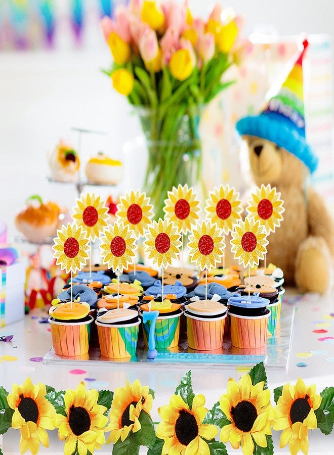 Tenare Sunflower Birthday Party Decoration Include Sunflower Banner, 4 Yellow Aluminum Balloons, 18 Latex Balloons, 13 Cake Toppers, 1 Artificial Garland for Birthday Party Baby Shower - Image 4