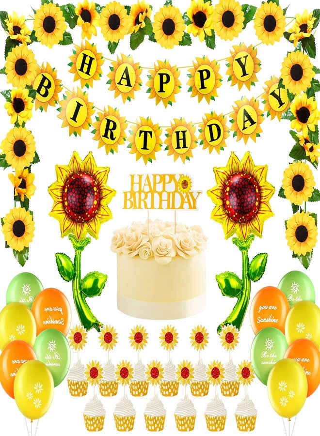 Tenare Sunflower Birthday Party Decoration Include Sunflower Banner, 4 Yellow Aluminum Balloons, 18 Latex Balloons, 13 Cake Toppers, 1 Artificial Garland for Birthday Party Baby Shower - Image 1
