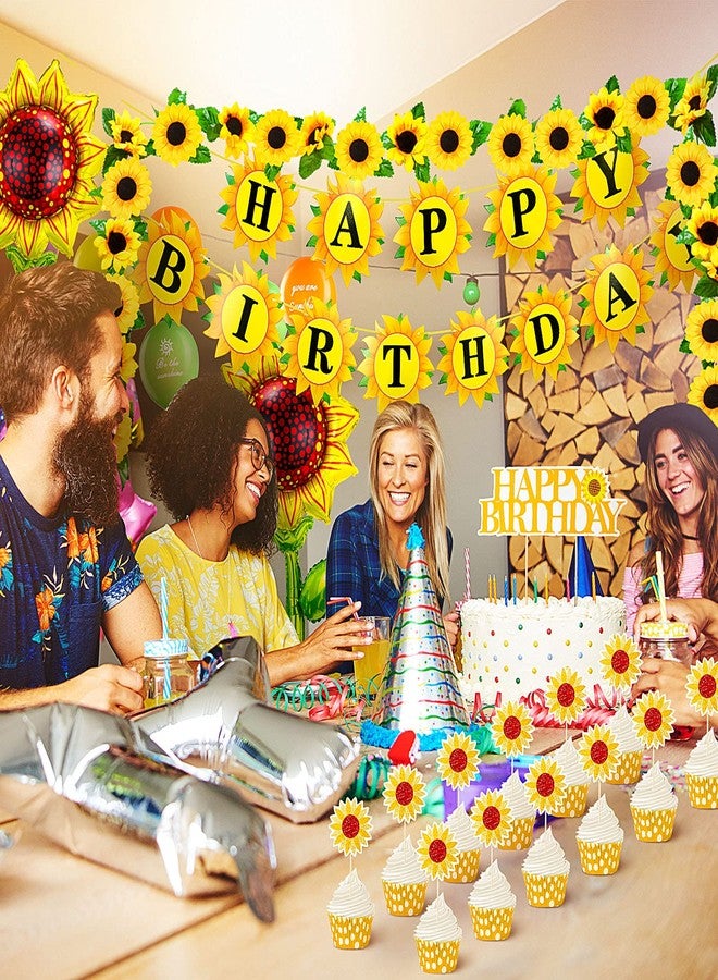Tenare Sunflower Birthday Party Decoration Include Sunflower Banner, 4 Yellow Aluminum Balloons, 18 Latex Balloons, 13 Cake Toppers, 1 Artificial Garland for Birthday Party Baby Shower - Image 5